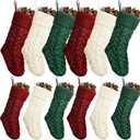 Vinsot 12 Set Christmas Stockings Christmas Cable Knitted Stockings Decoration for Fireplace Xmas Family Holiday Party(Burgundy, Ivory, Green,18 Inch,15 Inch)
