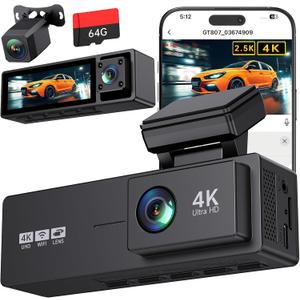 4K 3 Channel Dash Cam Front and Rear,4K+2.5K+1080P Dash Camera for Cars Inside,3.2" Screen Dash Camera for Cars, WiFi APP Control,4 IR Night Vision, G-Sensor, 24H Parking Mode, 64GB SD Card Included (Black)