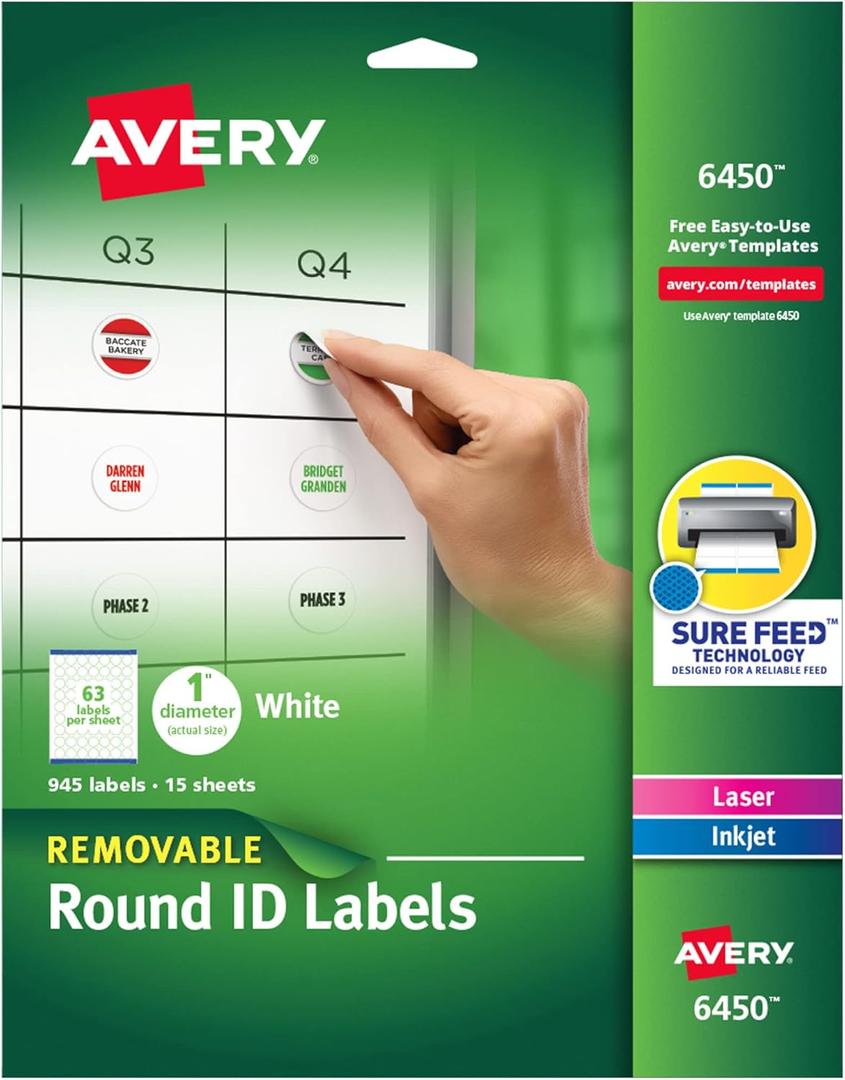 Avery Multiuse Removable 1" Round Labels with Sure Feed, 945 Small White Labels for Organization and Storage (6450) Avery Multiuse Removable 1" Round Labels with Sure Feed, 945 Small White Labels for Organization and Storage (6450)