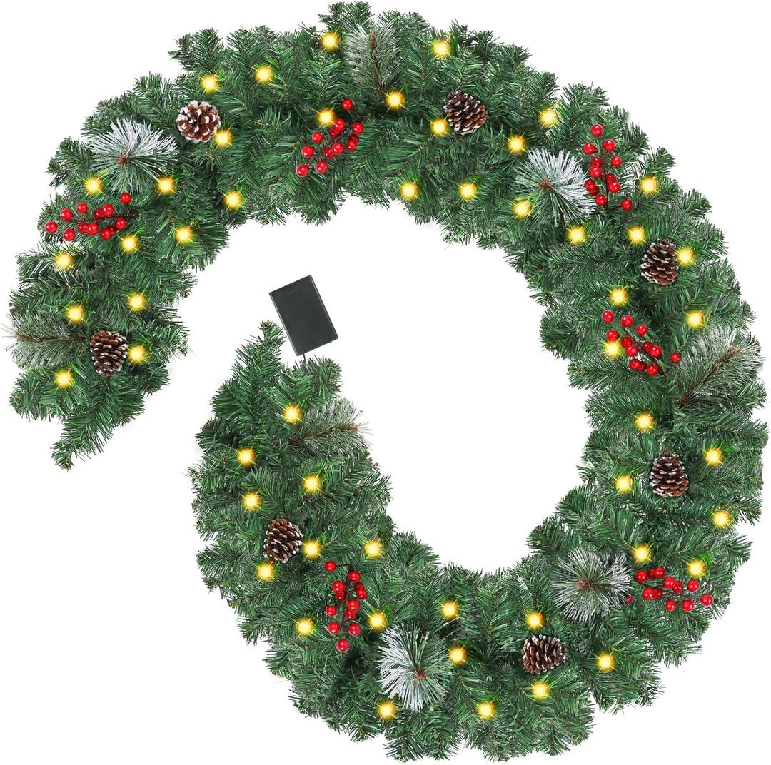 CCINEE 9 Ft Christmas Garland with LightsPrelit Christmas Decorations Battery Operated Artificial Garland with Christmas Pine Cone Red Berry Clusters for Indoor Outdoor Decor