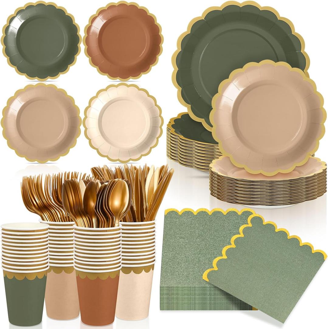 Mimorou 169 Pcs Sage Green and Brown Plates and Napkins Party Supplies for Guests Woodland Baby Shower Tableware Include Scalloped Plates Paper Napkin Cup Spoon Fork Knife for Wedding, Birthday