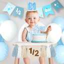 1/2 Birthday Boy Half Birthday Decorations 4PCS Khaki 6 Month Party Set with 1/2 Way to One Banner, Halfway High Chair Banner, Cake Topper and Hat for 6 Month Baby Boy Photo Shoot Decor
