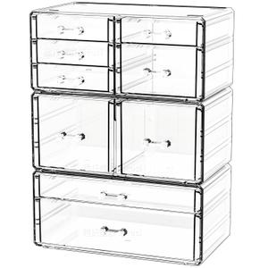 Cq acrylic Clear Stackable Storage Drawers,Plastic Makeup Organizer and Bathroom Storage Bins WIth 9 Drawers For Make up, Medicine, Craft, Pen, Beauty and Office Supply Organizer