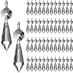 HDCRYSTALGIFTS Clear Chandelier Icicle Crystal Prisms Octogan Glass Bead for Lamp Decoration,Pack of 50 (38mm&Silver Circle Clips)