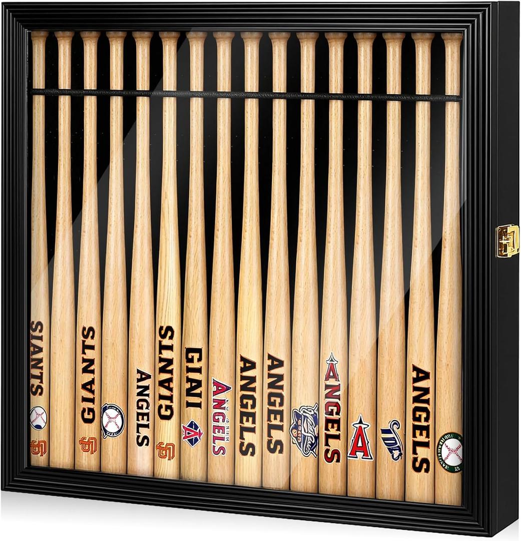 Silipull 18" Mini Baseball Bat Display Case Wall Mounted Cabinet Holder Rack UV Protection Display Shadow Boxes with Acrylic Transparent Door Holder Holds up to 16 Bats for Collector Memorabilia Gift