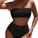 Pink Queen Women's High Waist Bikini Set Removable Strap Bandeau Two Piece Swimsuit Bathing Suit (Black, L)