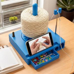 Portable Yarn Holder Spinner with Phone Stand | Detachable Spool Box & Crochet Organizer | Multi-Functional Knitting Accessory for Crocheters & Knitters (Blue)