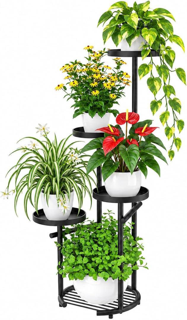 TOSKING Tall 5-Tier Round Metal Corner Plant Stand Indoor, Anti-Tip, Black