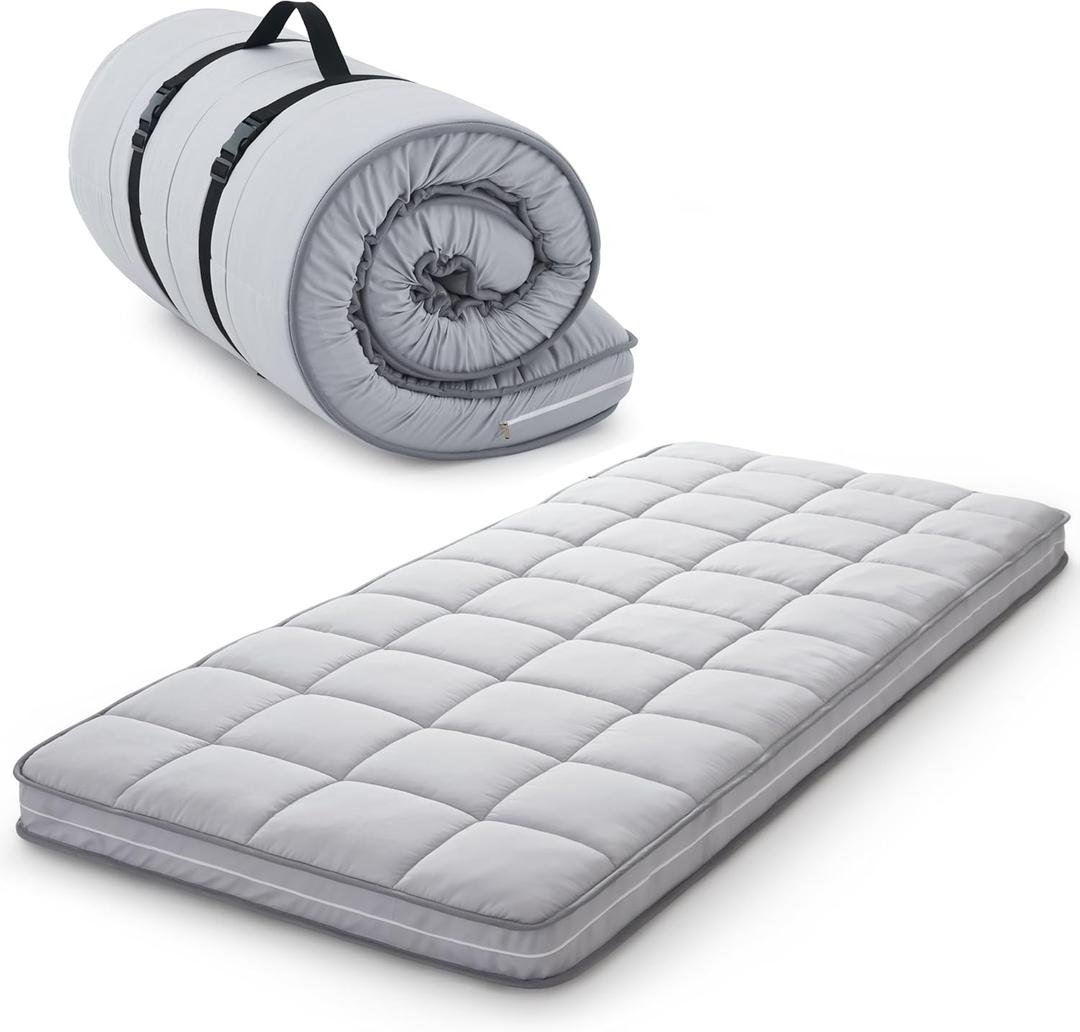 4Inch Cot Mattress Topper,Narrow Twin Gel Infused Memory Foam,Machine Washable Pillow Top Cover,Roll Up Floors Mat,Portable Folding Sleep Pad(75 X 30)