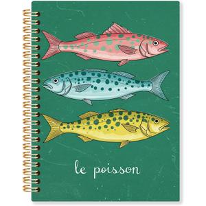 3 x Dark Green Fishes Spiral Notebook, Ocean Spotted Fish Journal, Coastal Beach Journals for Writing, French Le Poisson Marine Biology Notebooks for Note Taking, 5.5x8.3 Inch