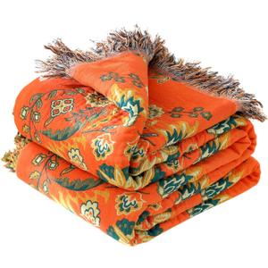 Boho Throw Blanket for Bed 100% Cotton Soft Lightweight Quilt Floral Embroidery Home Decor Breathable Bed Blankets,60"80" Twin All Season Reversible Blankets for Sofa Couch Chair