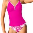 Queenstyle Girls Tankini Swimsuit V Neck Crochet Edge Bathing Suit Cross Back Straps Two Piece Swimwear for 9-16 Years (13-14 Years, Pink)