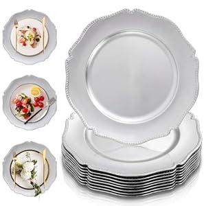 PROY 100 Pack Silver Charger Plates with Beaded Rim, 13 Inch Round Silver Chargers for Dinner Plates, Table Chargers for Table Setting, Wedding