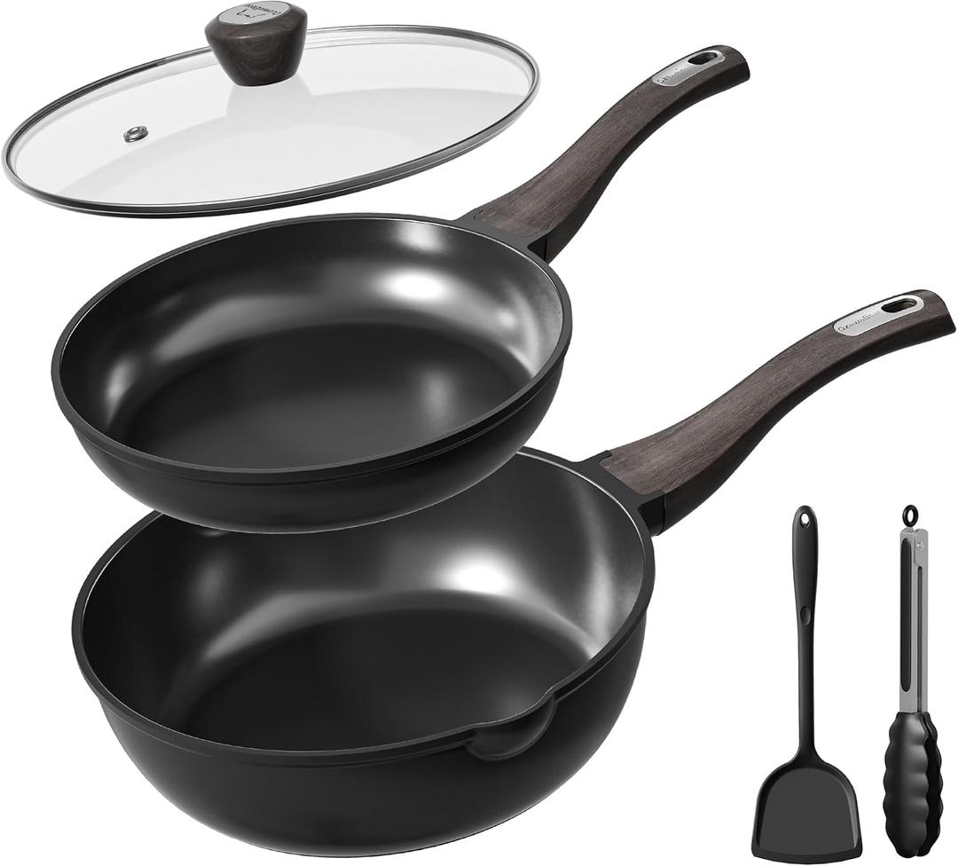 Nonstick Cookware Set, Titanium Coating Pan Set, Induction Cookware Oven Safe RV Kitchen Set, PFAS PFOA & PTFE Free, (8+11Inch with Lid)