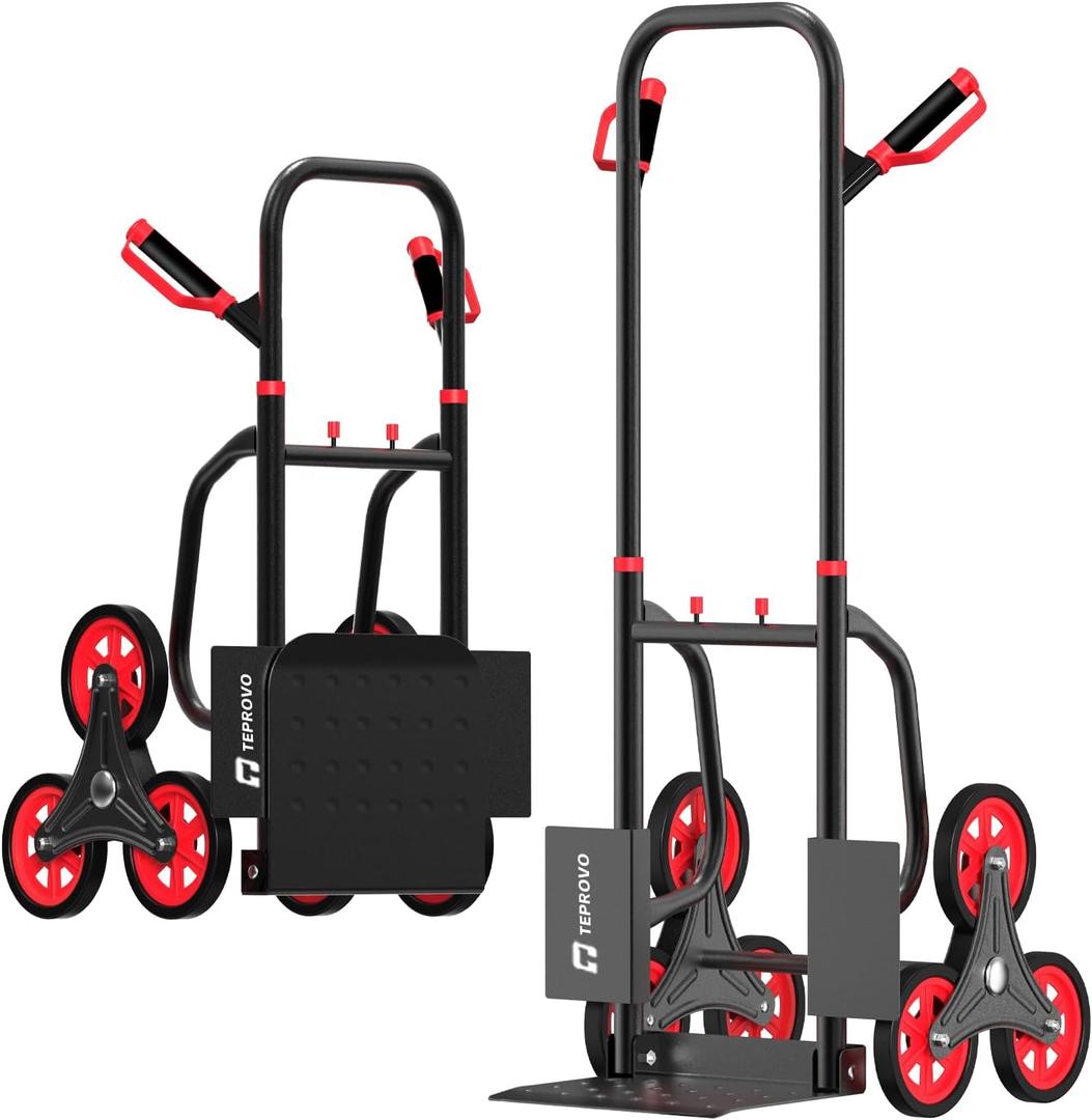 Stair Climbing Hand Truck 440lbHeavy Duty Dolly Cart for StairsThickened Upgraded Steel Tube Folding Stair Climbing Trolley with Six Wheels and Telescoping Handle, Red, TK1500-R