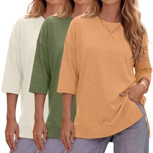 Huukeay 3 Pack 3/4 Length Sleeve Women's Tops Side Slit Tunic Loose Fit Round Neck Tee Shirt Ladies Casual Basic Fall Clothes(Cream, Dark Green, Light Orange,X-Large)