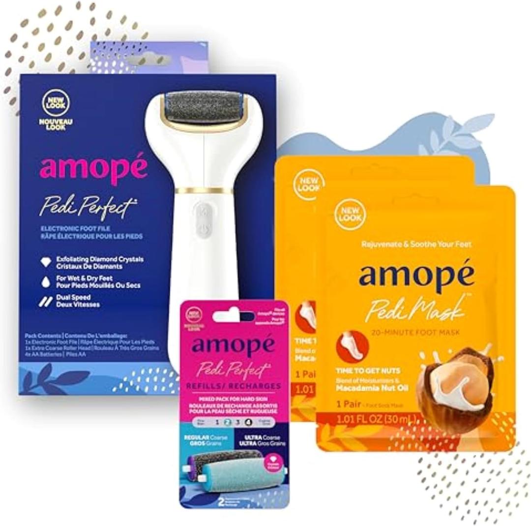 Amop Pedicure Value Kit, Spa Pampering Pack, Self-Care & Relaxation Gift, contains Pedi Perfect Electric Callus Remover Foot File, 2 Macadamia Oil PediMask Foot Masks, 2 Roller Heads 4 pieces