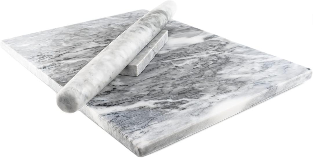 Marble Pastry Board and French Rolling Pin Set  16 x 12 Chilling Slab + 16 Rolling Pin  Non-Slip Feet  Ideal for Baking, Cheese, Charcuterie, Gifts & Elegant Kitchen Display