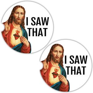 Funny Car Coasters for Cup Holders - 2 Pack Cute I Saw That Jesus Car Accessories for Women Men, Funny Christian Jesus Meme Stuff Decor, Absorbent Ceramic Cup Holder Coaster for Car, Catholic Gag Gift
