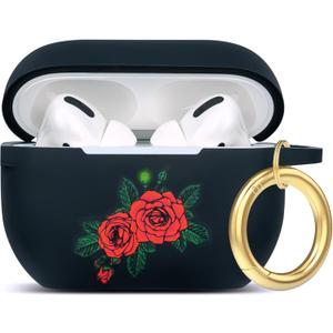 Flower Silicone Compatible with AirPods Pro Case 2019, Gawnock Soft Case Cover Flexible for Print Cover for Women Girls with Keychain - (Black/Rose Flower-1)