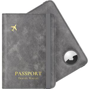 Stouchi AirTag Passport Wallet, Grey, Unisex, Faux Leather, RFID Blocking, Anti-Waterproof