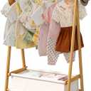 Bamboo Clothes Rack with Storage Box Foldable Garment Holder Coat Rack Freestanding Coat Stand Child Clothing Stand for Hanging Coat Dress up Racks (Natural, Small)