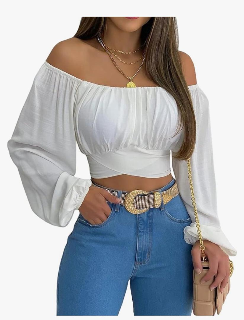 MIRACMODA Woman Off Shoulder Ruched Tie Back Crop Top Summer Lantern Sleeve Boho Shirt Blouse S