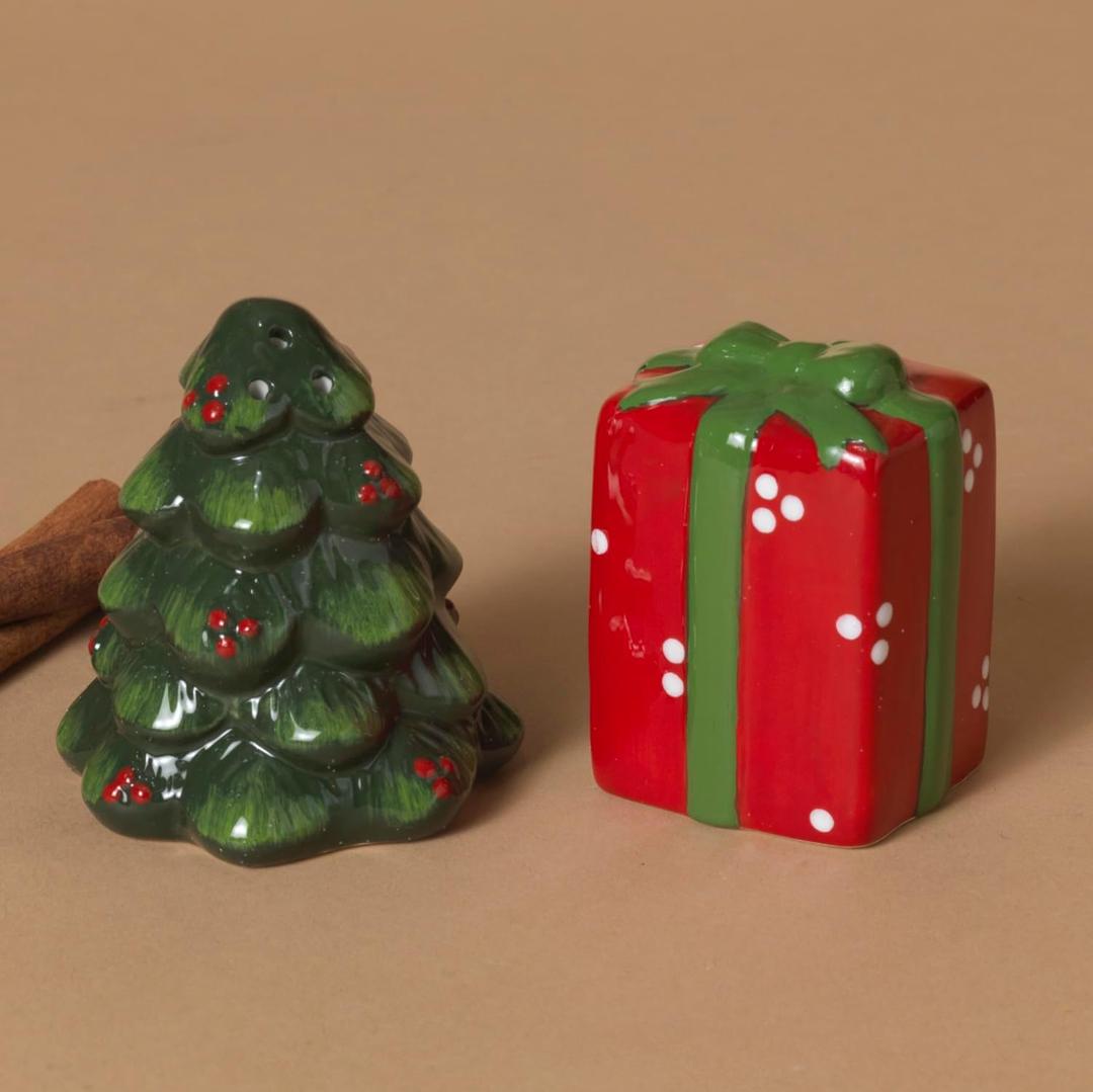One Holiday Way 4-Inch Red & Green Ceramic Xmas Tree & Gift Box Christmas Salt and Pepper Shakers Set - Retro Vintage Decorative Tableware