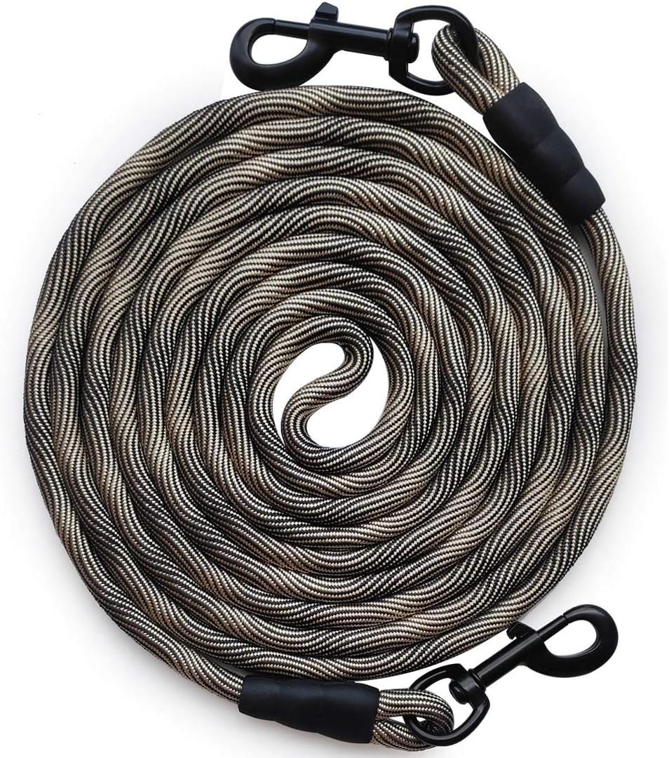 BTINESFUL Tie-Out Check Cord Long Rope Dog Leash, 12ft 20ft 30ft 50ft 75ft Dog Tether for Yard- Great for Large Medium Dogs Training, Playing, Camping, or Backyard (20ft, Beige Black)