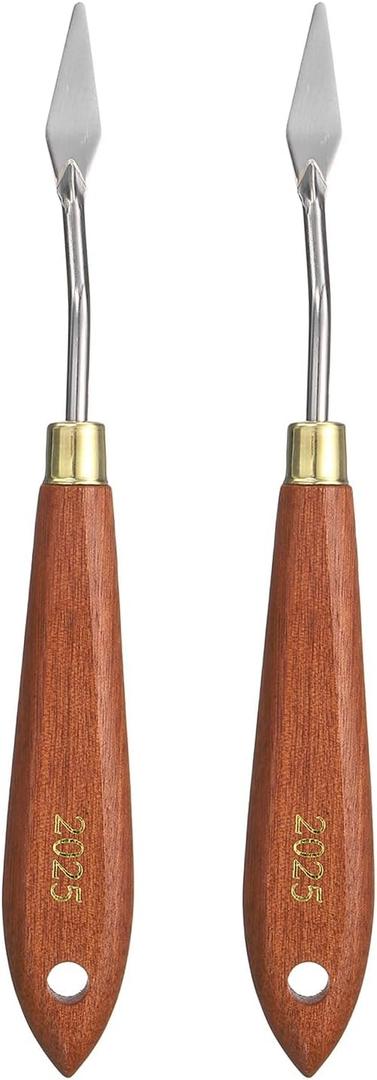 2pcs Palette Knife Painting Tool 1.18" x 0.39" Stainless Steel Teardrop Blade 7.09" Length Spatula Painting Pallet Knives with Hole Beech Wood Handle for Acrylic Canvas, Red/Silver