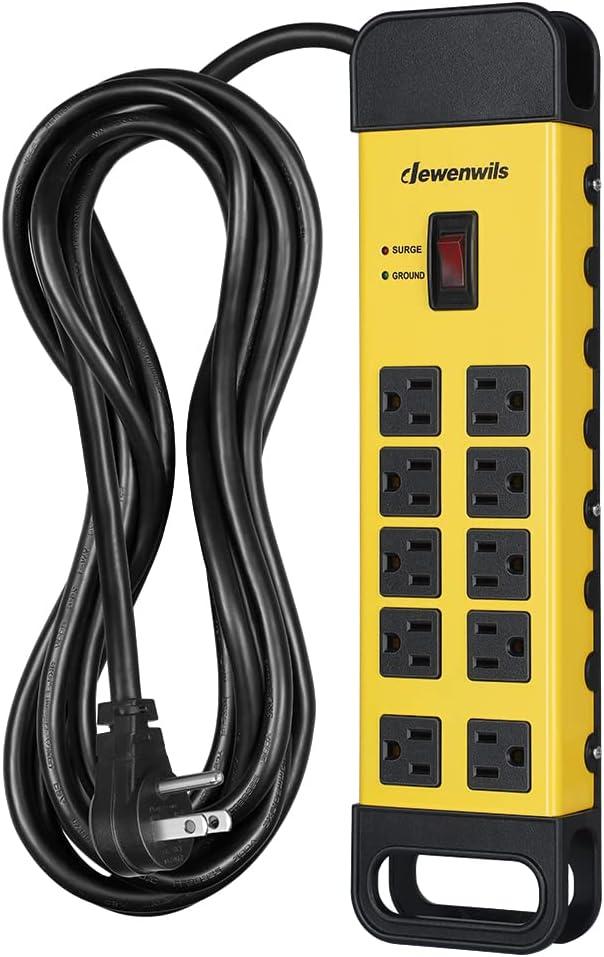 DEWENWILS 10-Outlet Metal Surge Protector Power Strip with 15Ft Cord, UL Listed, Flat Plug, 15A Circuit Breaker, 1440Joules, Heavy Duty Industrial Power Strip for Garage, Workshop, Wall Mountable