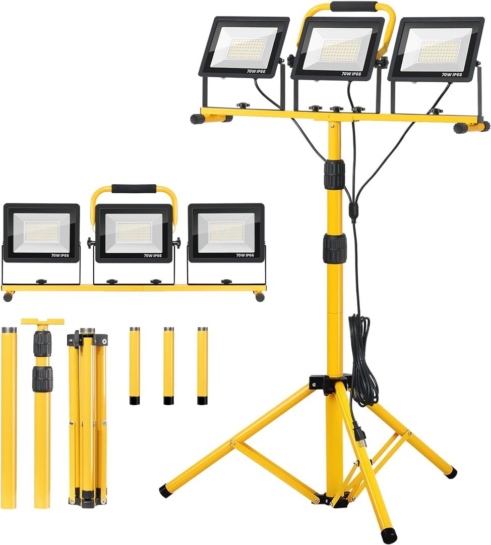 Zetunlo 21000Lumen LED Work Lights with Stand - 3 Head Portable Work Light with 16FT Cord - IP66 Waterproof Tripod Worklights for Outdoor Indoor Job Site Workshop Garage Construction Site Lighting