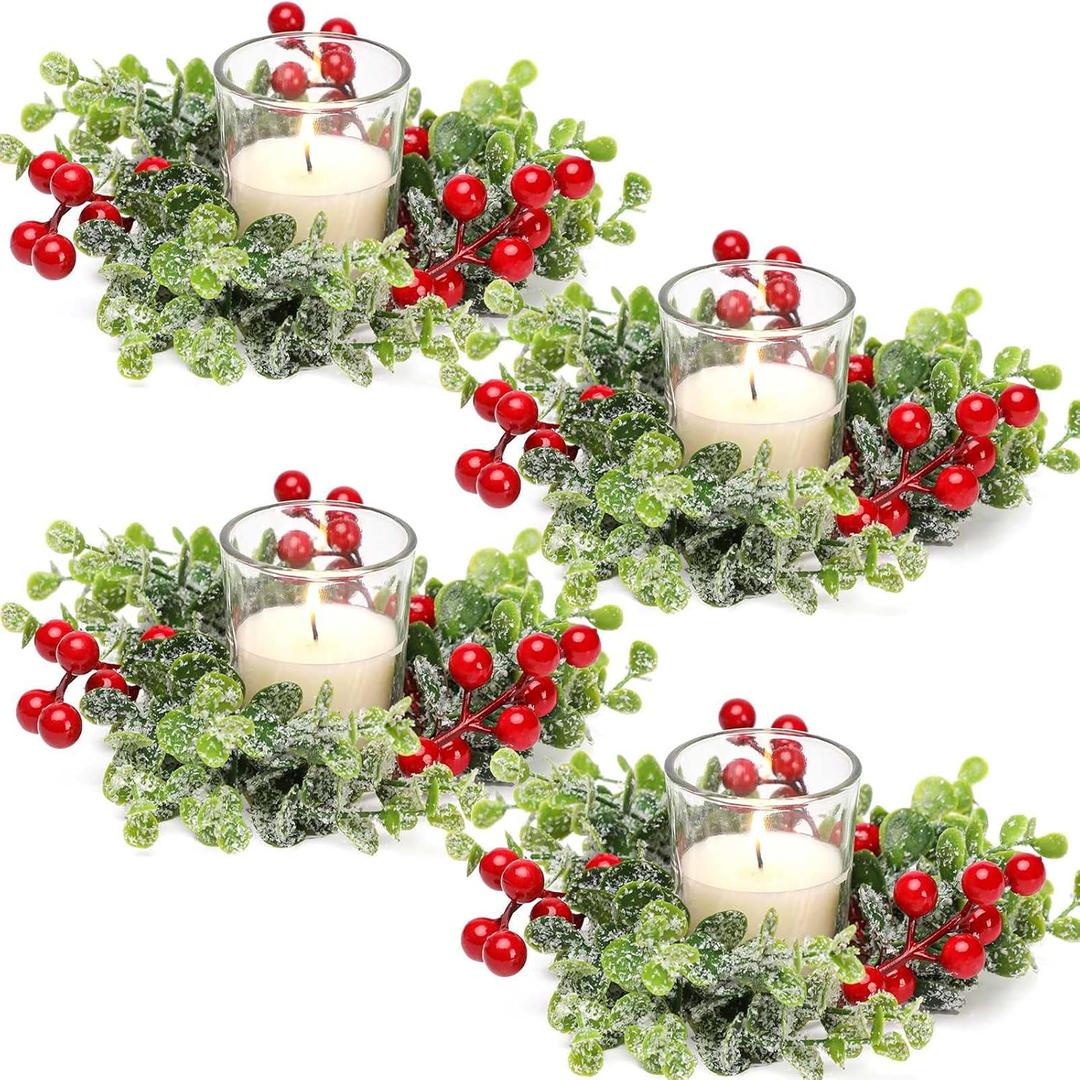 Christmas Candle Ring, 4 Pcs Clear Votive Candles with Red Berry Xmas Candle Ring Wreath for Christmas Table Centerpiece Decoration Party Holiday