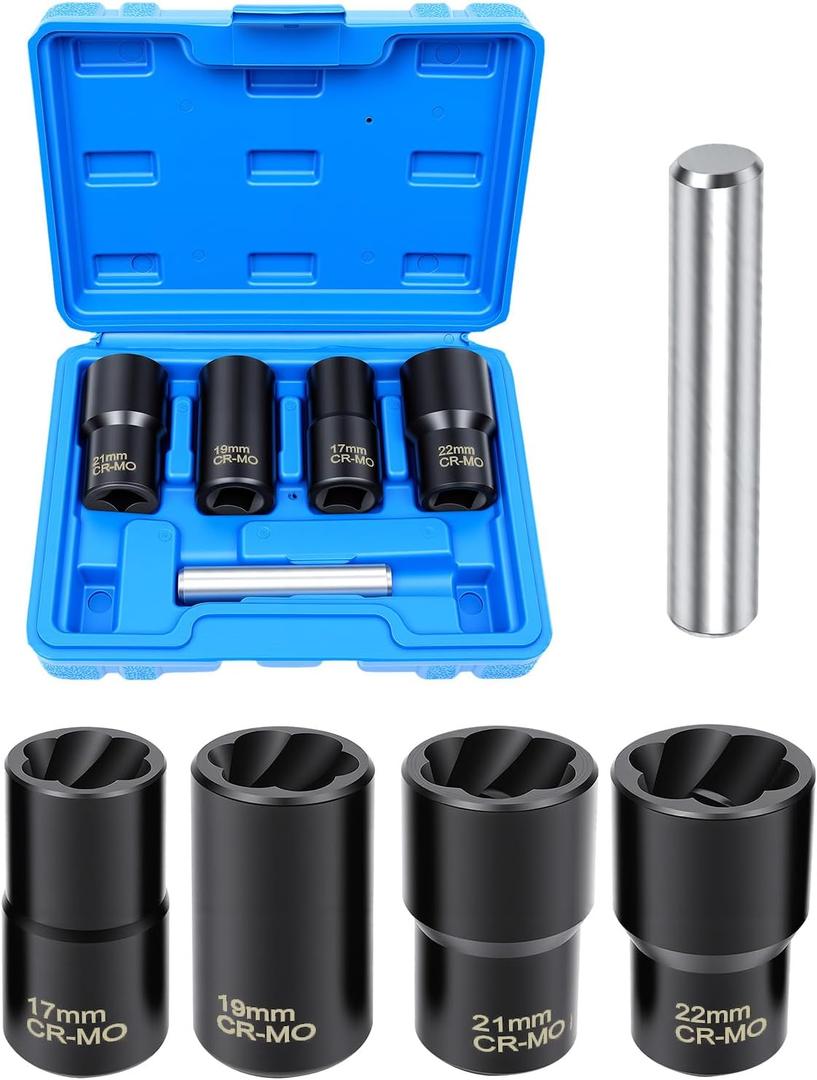Professional 5-Piece Lug Nut Extractor Set with 1/2-inch Drive, Impact Twist Socket Set,17mm 19mm 21mm 22mm Wheel Lock Removal Tool Kit for Stripped Lug Nut Remover