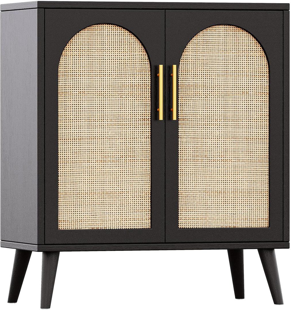 Rovaurx Rattan Storage Cabinet with Doors, Accent Bathroom Floor Cabinet, Modern Sideboard Buffet Cabinet for Living Room, Entryway, Dining Room and Kitchen, Black and Natural BMGZ108BM (29.5"L)