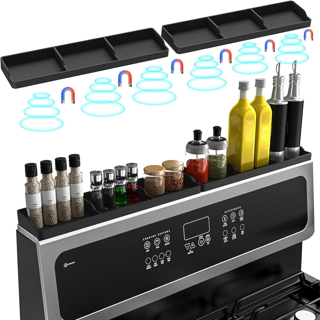 30 Inch Silicone Stove Oven Top Shelf Magnetic for Kitchen Gadgets, Soft Flexible Strong Magnetic Heat Resistant Spice Rack Kitchen Organizer for Over Oven Stove (2parts-Black)