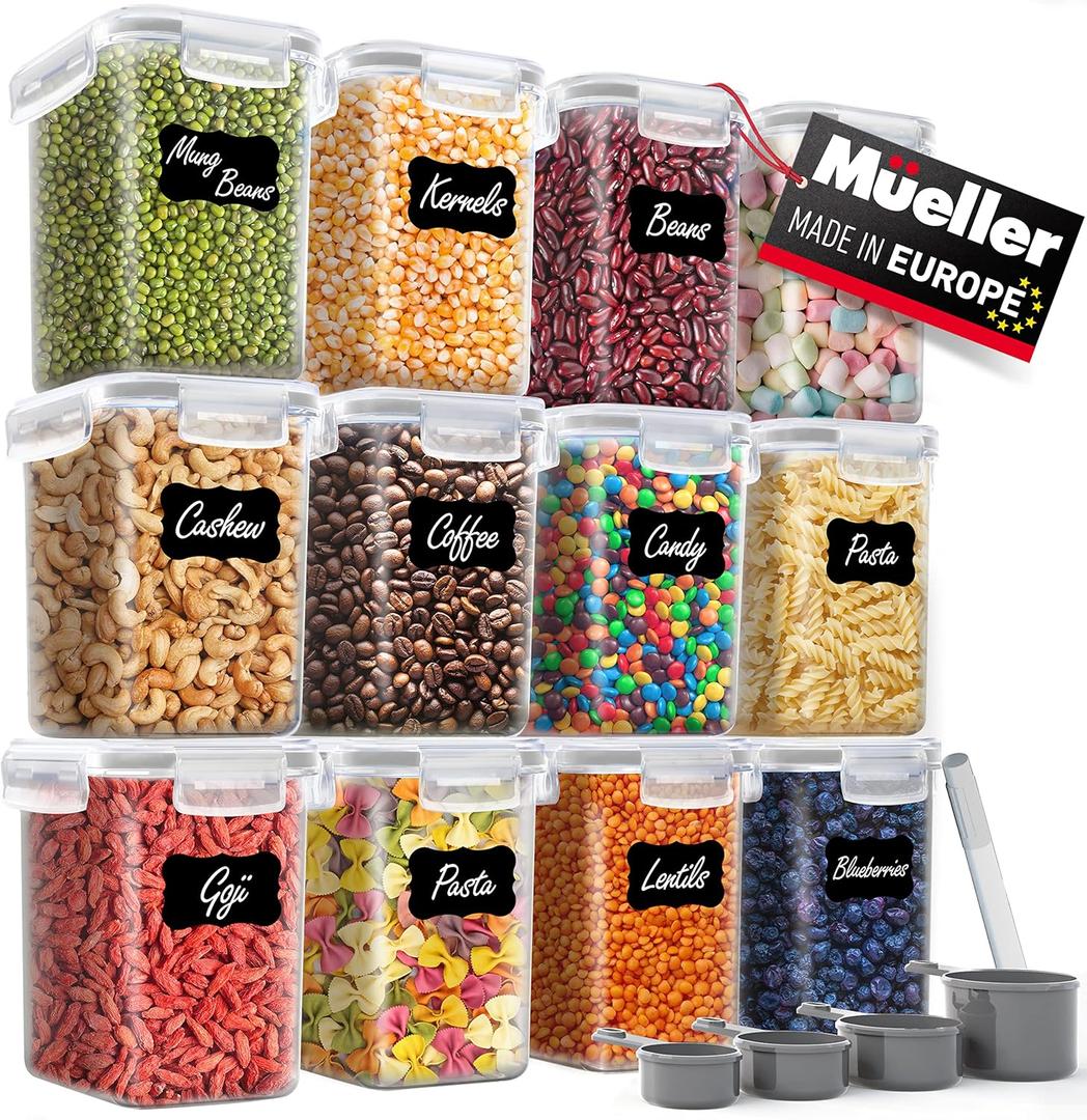 Mueller Airtight Storage Food Container Set with Lids – 12-Piece, Kitchen & Pantry Organization and Storage, Dishwasher, Freezer and Microwave Safe – 12 Labels, 4 Measuring Cups and Marker, White