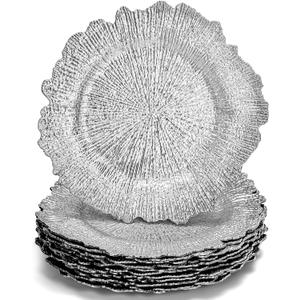 WUWEOT 12 Pack Charger Plates, 13" Round Plastic Reef Plate Chargers with Flora Reef Design for Wedding Dinner Party Decoration (Silver)