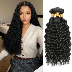 Human Hair Bundles 16 18 20 Inch Water Wave Human Hair Bundles 100% Unprocessed Brazilian Virgin Hair 12A Curly Bundles 3 Bundles for Women Wet and Wave Hair Extensions Natural Black Color