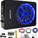 1200W 10" Slim Under Seat Powered Car Subwoofer, High/Low Level Input, Car/Truck Audio Sub Built-in Amplifier amp Combo Package, with Blue LED Light