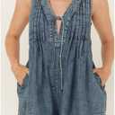 Womens Denim Romper Sleeveless Tie Front V Neck Casual Jean Overall Shorts Romper With Pockets (Blue, XL)