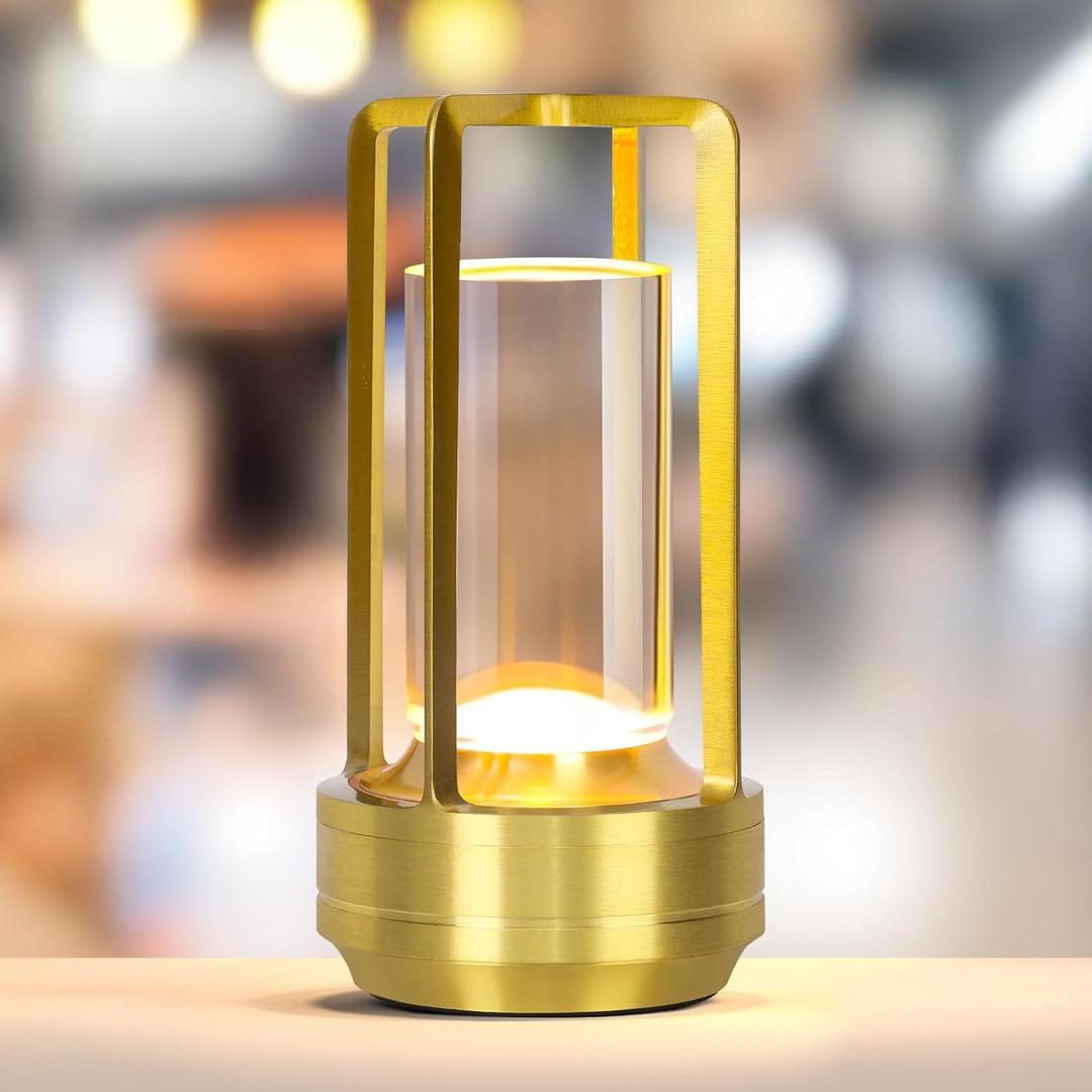 Portable Metal Table Lamp, 4000 mAh Rechargeable Outdoor Table Lamp Cordless, 3 Color Stepless Dimmable Atmosphere Table Lamps for Camping,Patio, Coffee Table Decor lamp for Outdoor/ Indoor (Gold)
