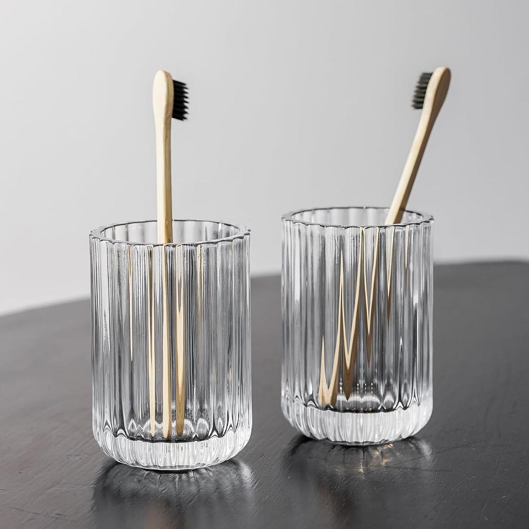 2 Piece Simple Transparent Vertical-Striped Bathroom Glass Toothbrush Cup Set