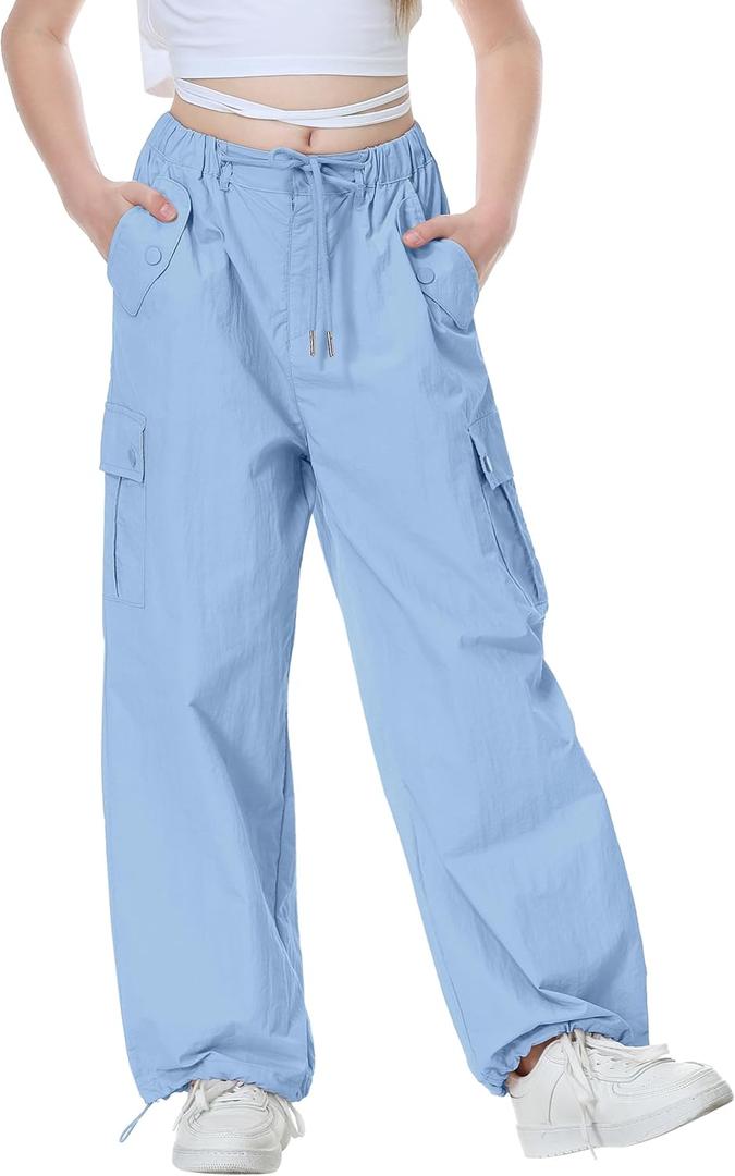 Rolanko Parachute Pants for Girls Y2K Cargo Trousers with Pockets Harajuku Jogger Pants Kids (10-12, Darkblue)