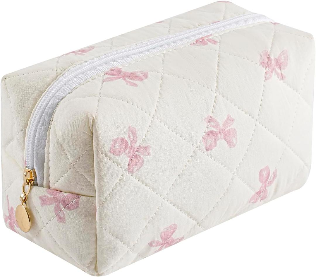 Makeup Bag Travel Cosmetic Bag for Women Girls, Zipper Make Up Pouch, Floral Flowers Toiletry Organizer Makeup, Portable Storage Bag, Cosmetic Travel Cloth Bag (Pink Bow Tie)