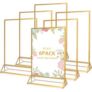 6 Pack Acrylic Sign Holders,8.5 X 11 Inch Clear Double Sided Display Stand,Gold Picture Frame for Home Restaurant Office,Table Number Menu Holder
