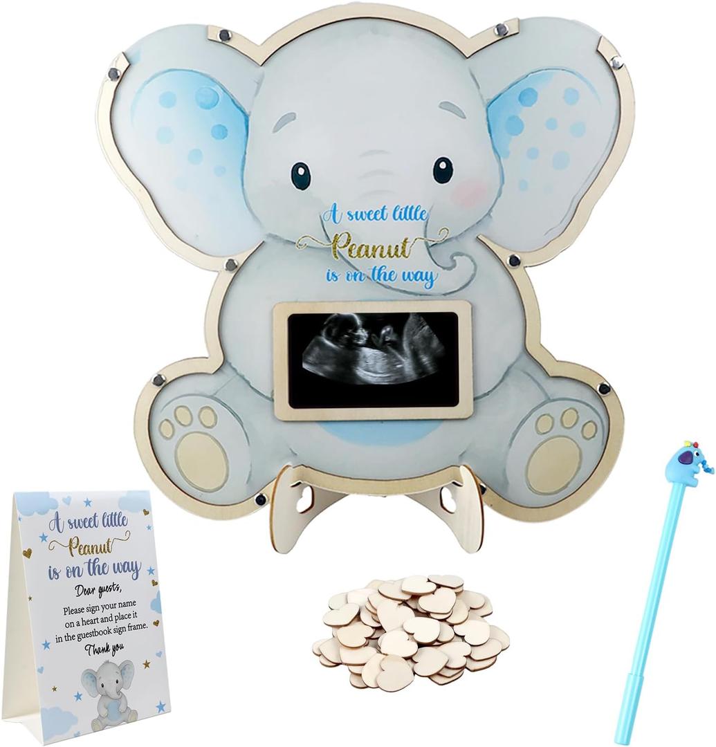 Elephant Baby Shower Decorations,Boy Baby Shower Guest Book Alternatives with Elephant Pen,Photo Frame and 60 Heart Wood Slices for 60 Guests,Gender Reveal Decorations