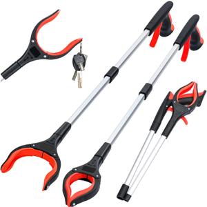 2-Pack Grabber Reacher Tool, 32 Inch Extra Long Foldable Pick Up Stick with Strong Grip Magnetic, 360°Rotating Anti-Slip Jaw, Trash Claw Grabber Tool, Trash Picker Tool for Outdoor & Indoor (Red)