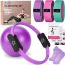 Pilates Essentials Kit for Home Women, Ring and Ball Set, Pilates Equipment for Workouts, 3 Resistance Bands, Grip Socks, 14 Inch Magic Circle, Mini Exercise Ball, Great Exercise Equipment (Purple)