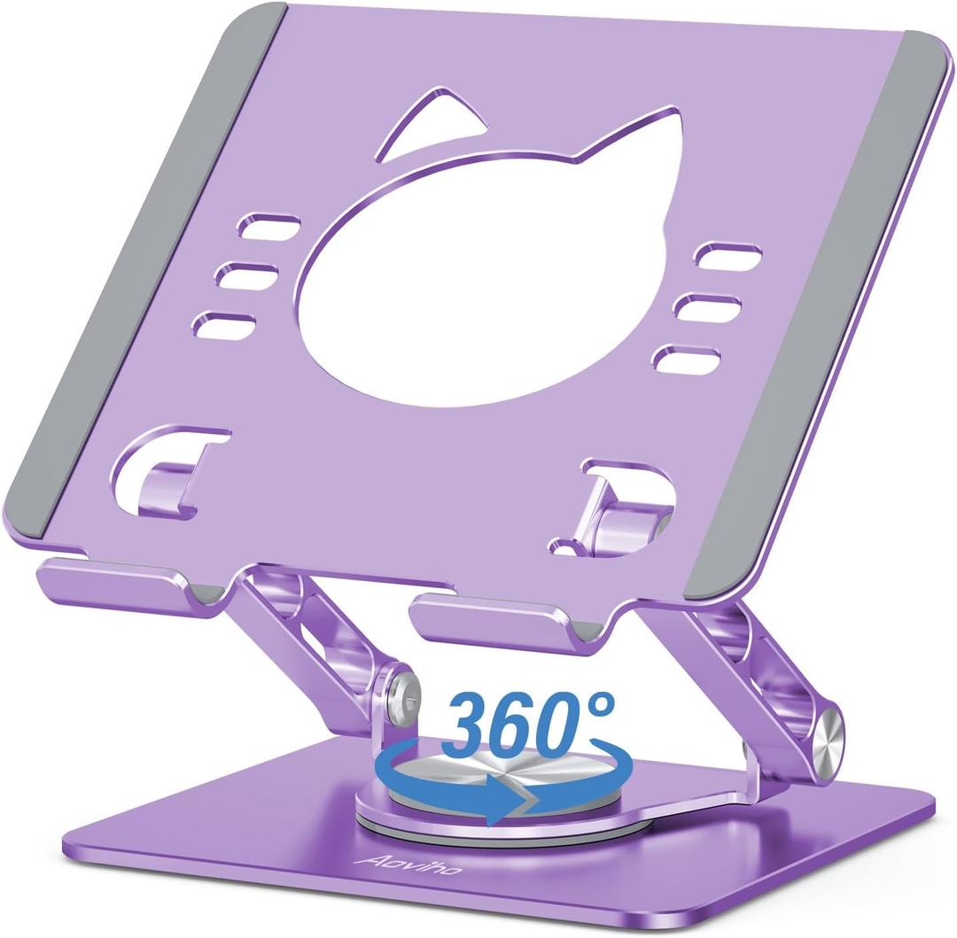 Tablet Stand 360 Rotating Aluminum Holder - Adjustable, Portable & Foldable Monitors Stand for iPads, Compatible with 4-13.3" Tablets, Purple